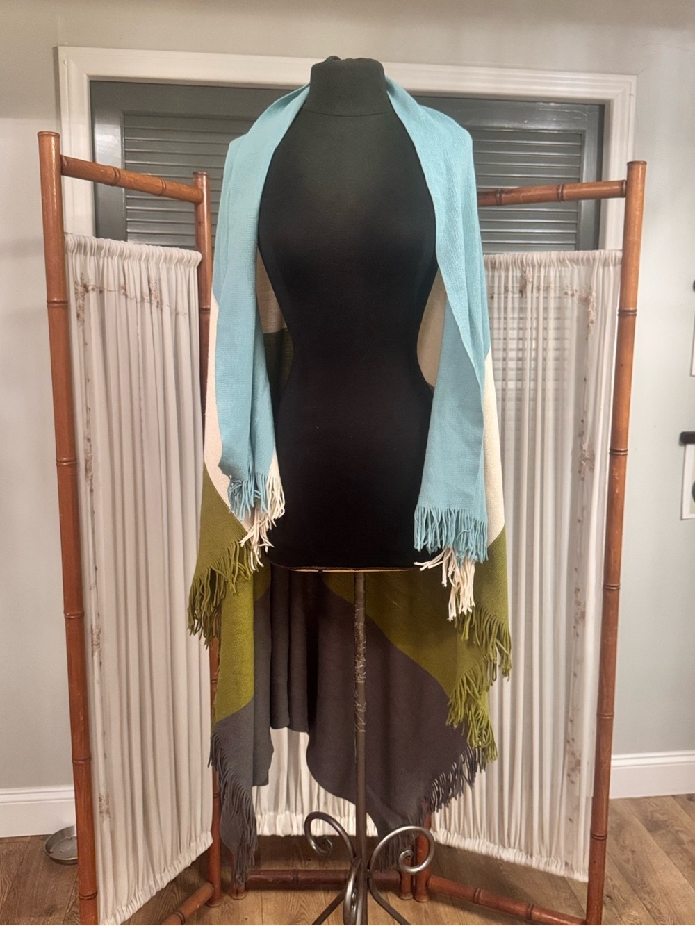 Oversized Colorblock Fringe Wrap Shawl